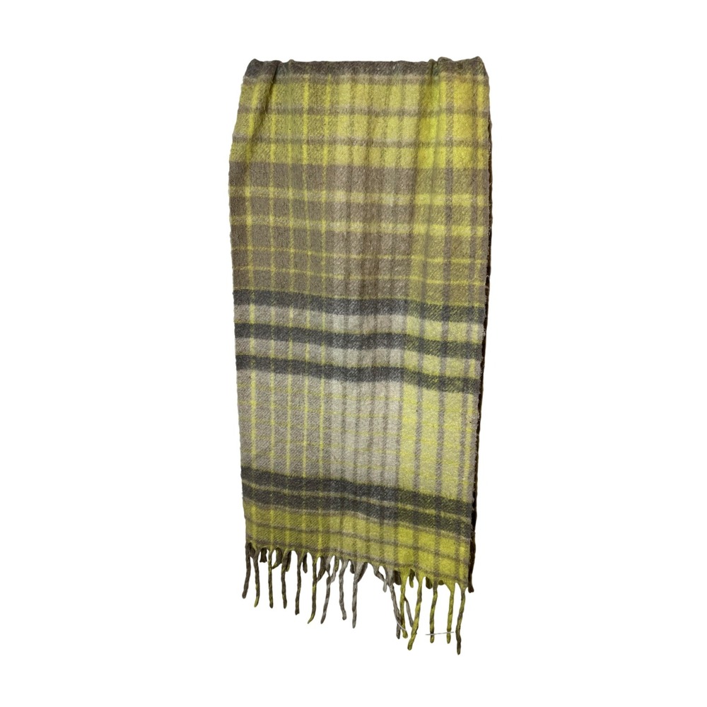 Free People Scarf Womens One Size Yellow Gray Plaid Fuzzy Soft Fringe Wrap